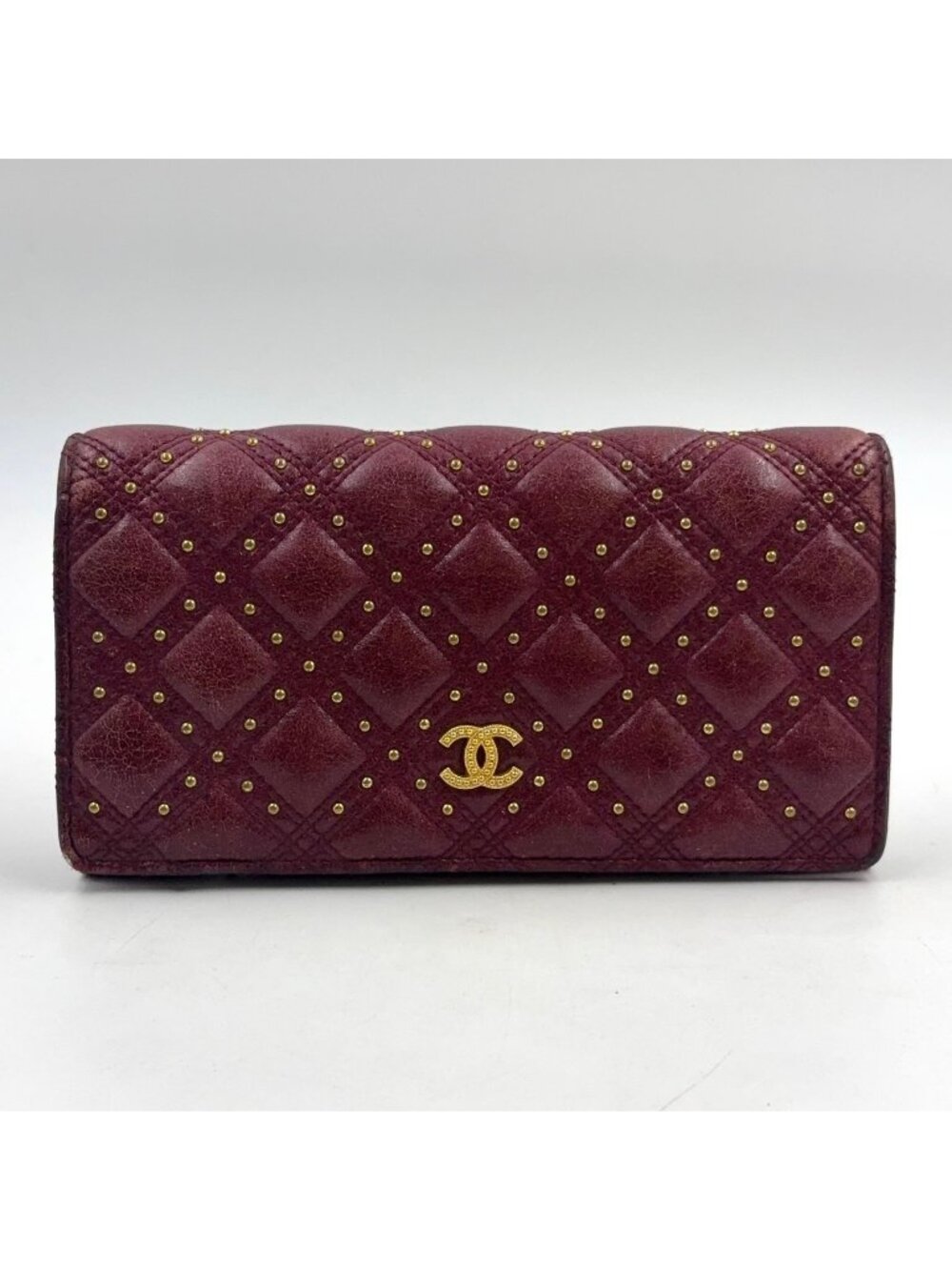 Chanel Quilted Studded Leather Bordeaux Bifold Wallet Gold